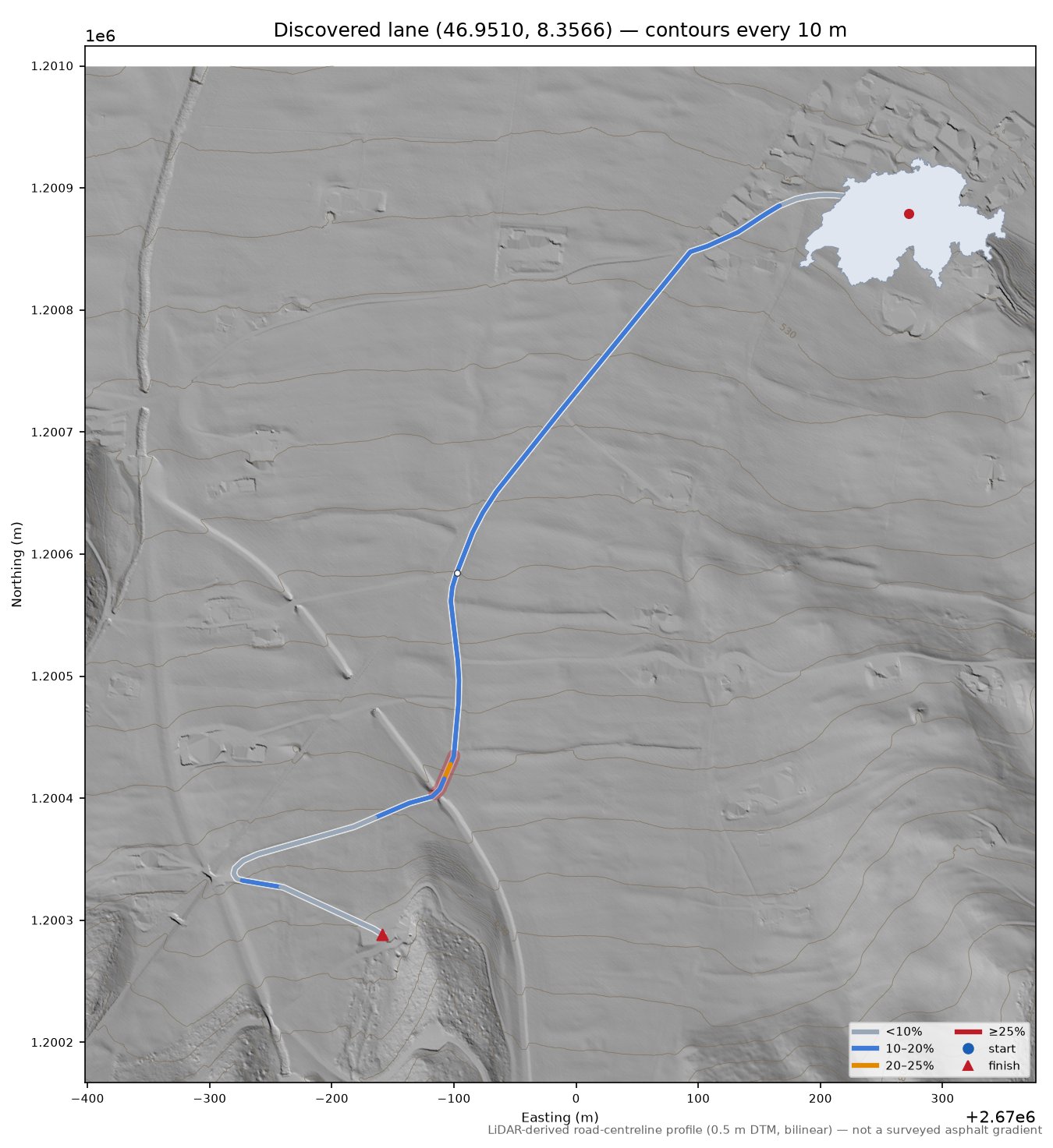 Discovered lane (46.9510, 8.3566) LiDAR hillshade map with contours
