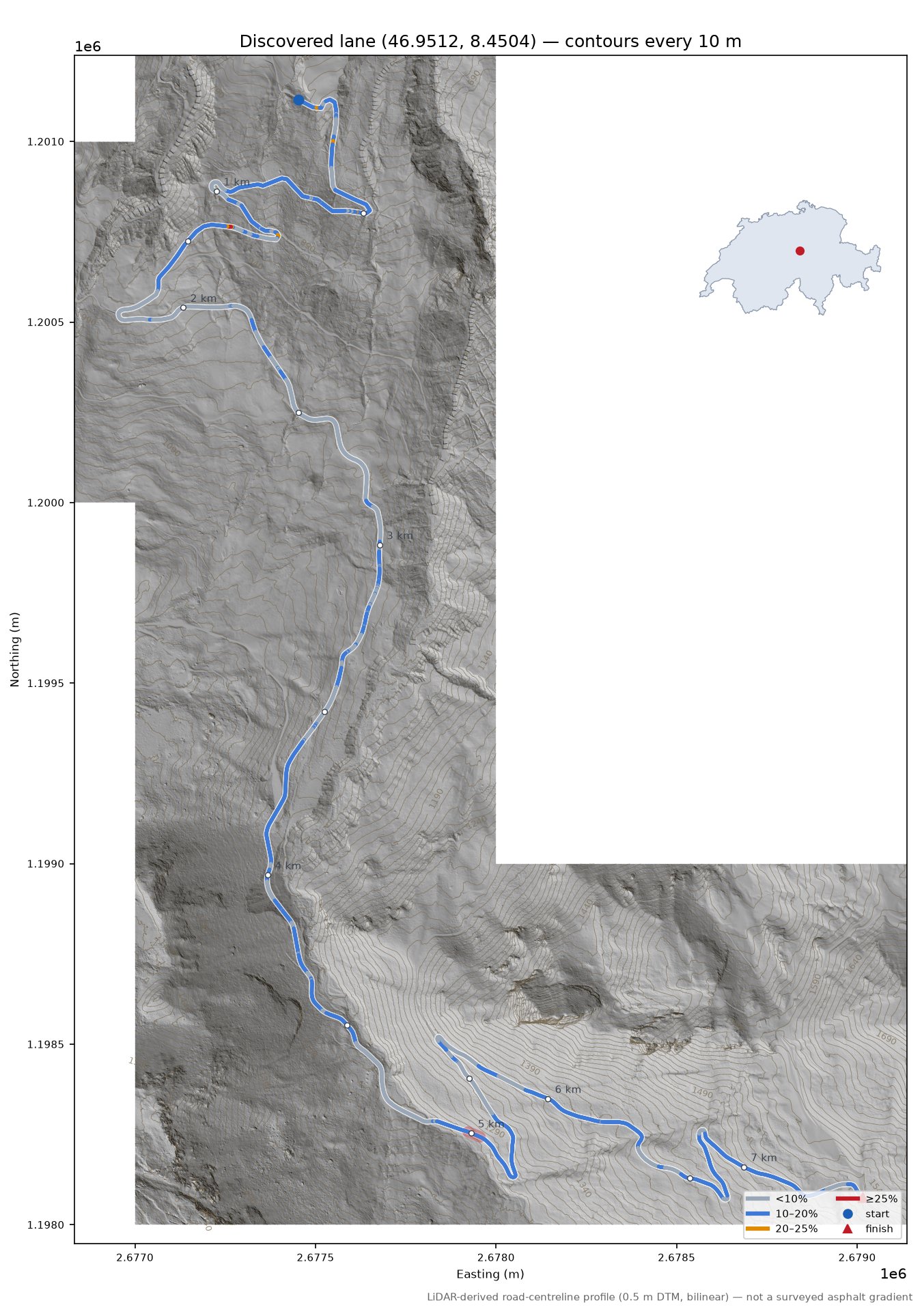Discovered lane (46.9512, 8.4504) LiDAR hillshade map with contours