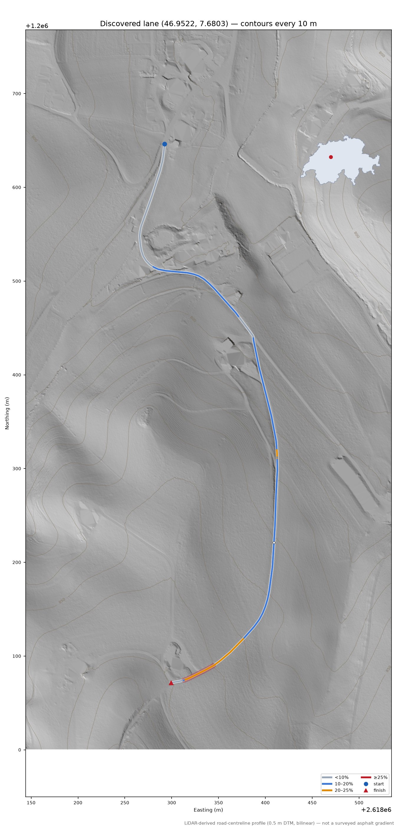 Discovered lane (46.9522, 7.6803) LiDAR hillshade map with contours