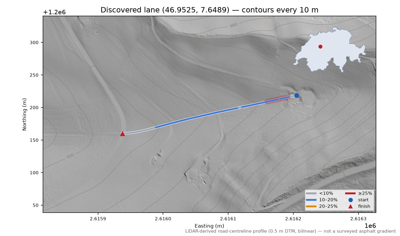 Discovered lane (46.9525, 7.6489) LiDAR hillshade map with contours