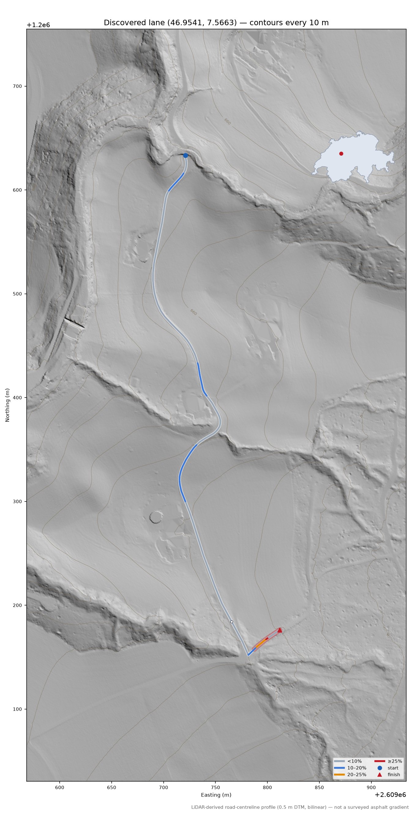 Discovered lane (46.9541, 7.5663) LiDAR hillshade map with contours