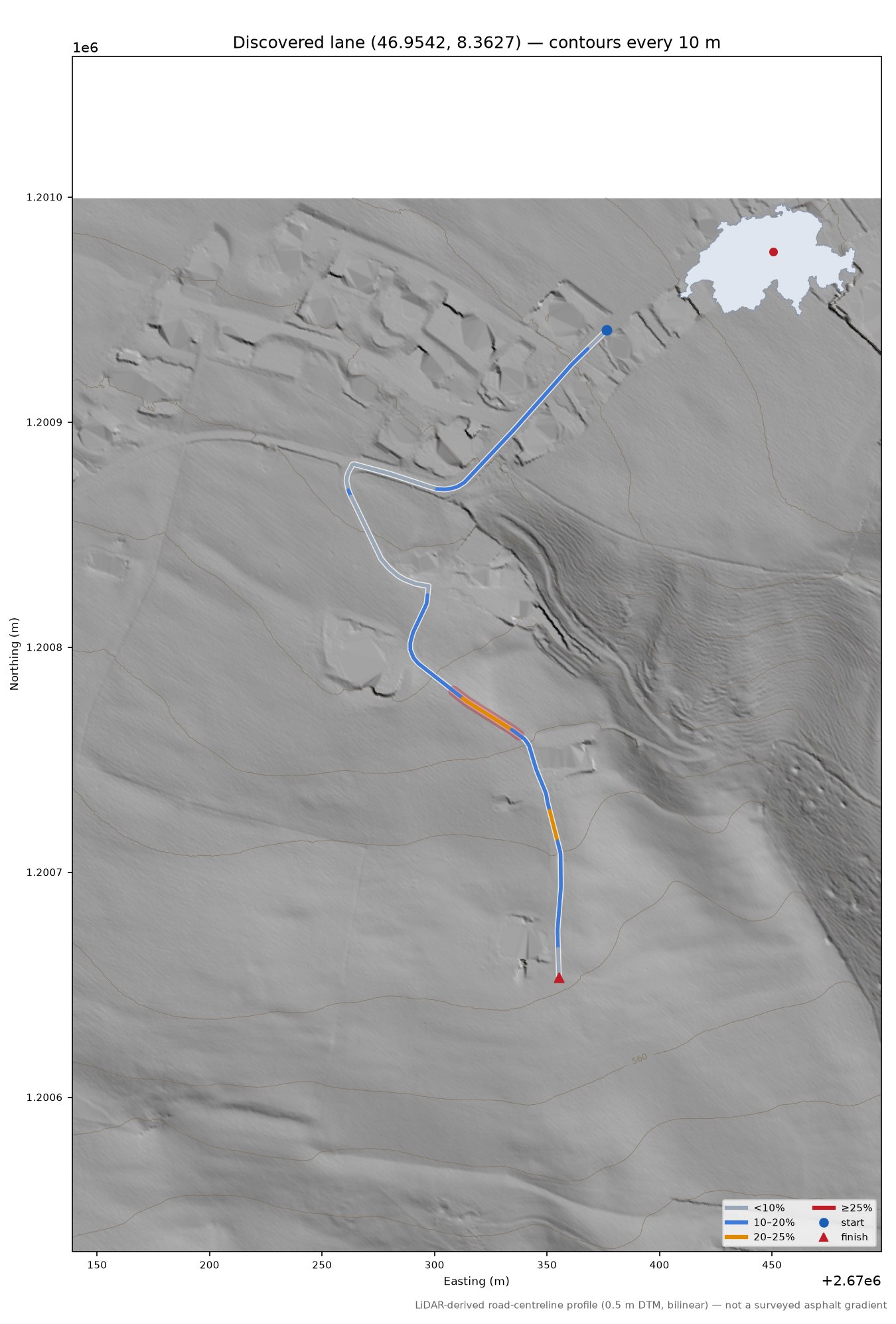 Discovered lane (46.9542, 8.3627) LiDAR hillshade map with contours