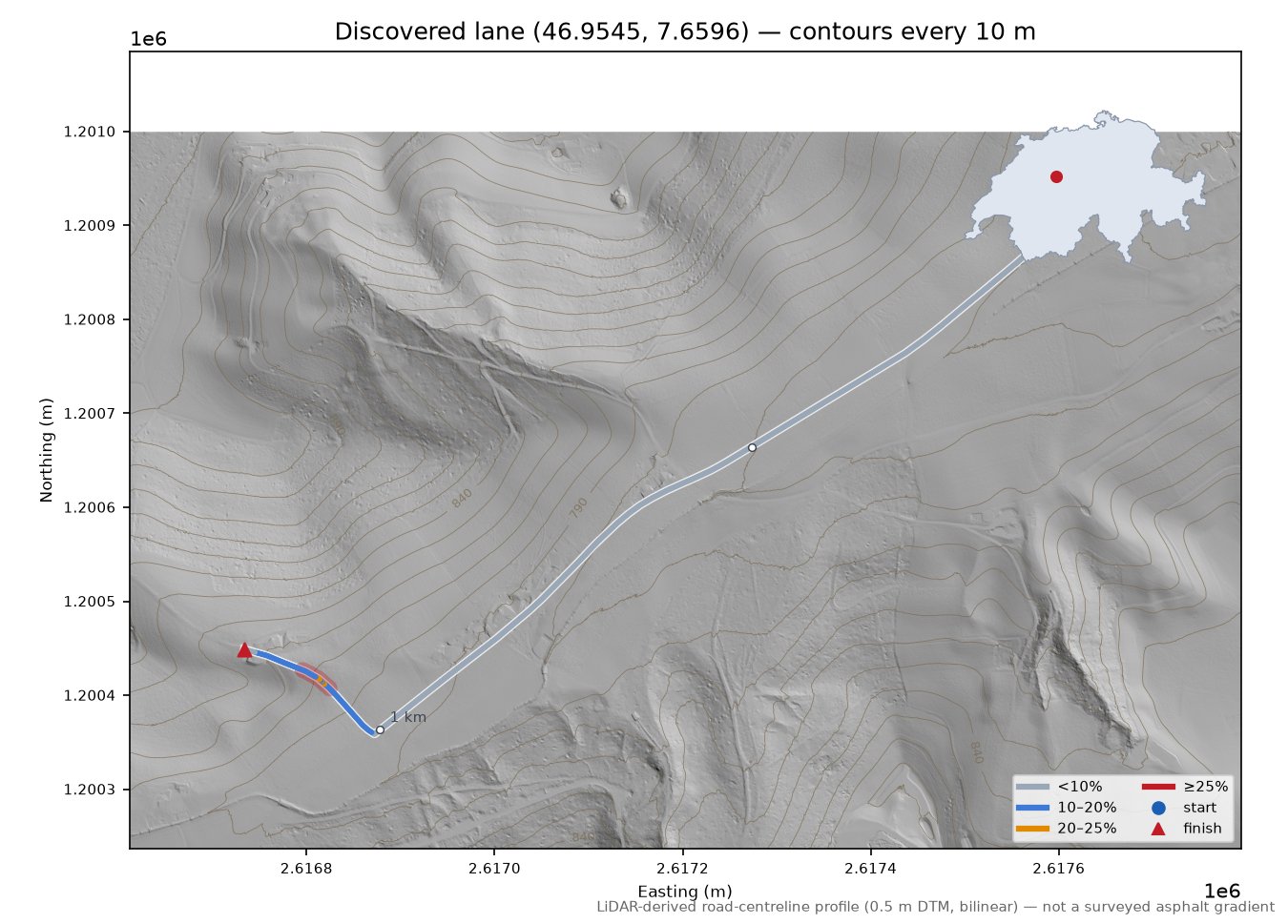 Discovered lane (46.9545, 7.6596) LiDAR hillshade map with contours