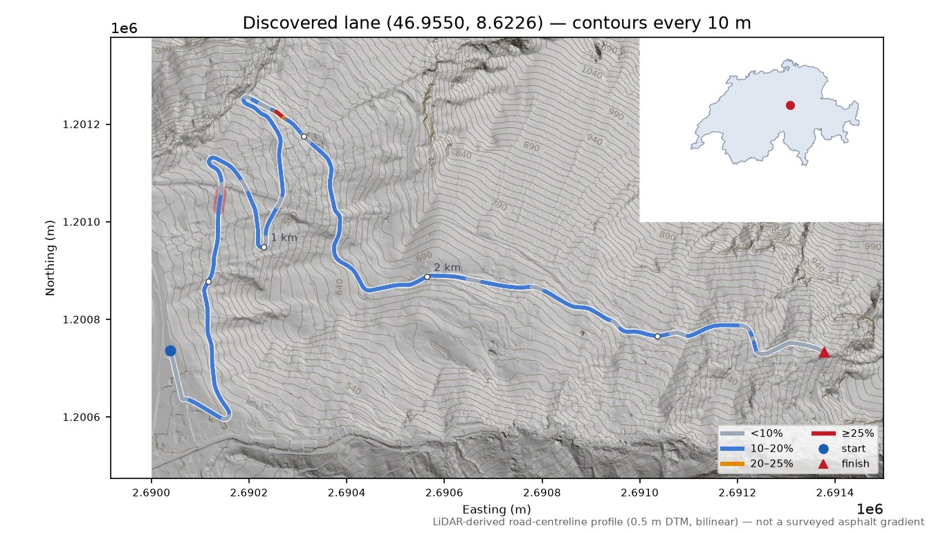 Discovered lane (46.9550, 8.6226) LiDAR hillshade map with contours