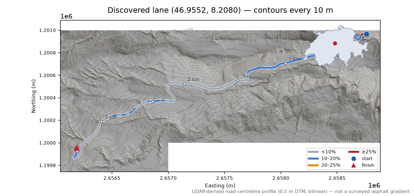 Discovered lane (46.9552, 8.2080) LiDAR hillshade map with contours
