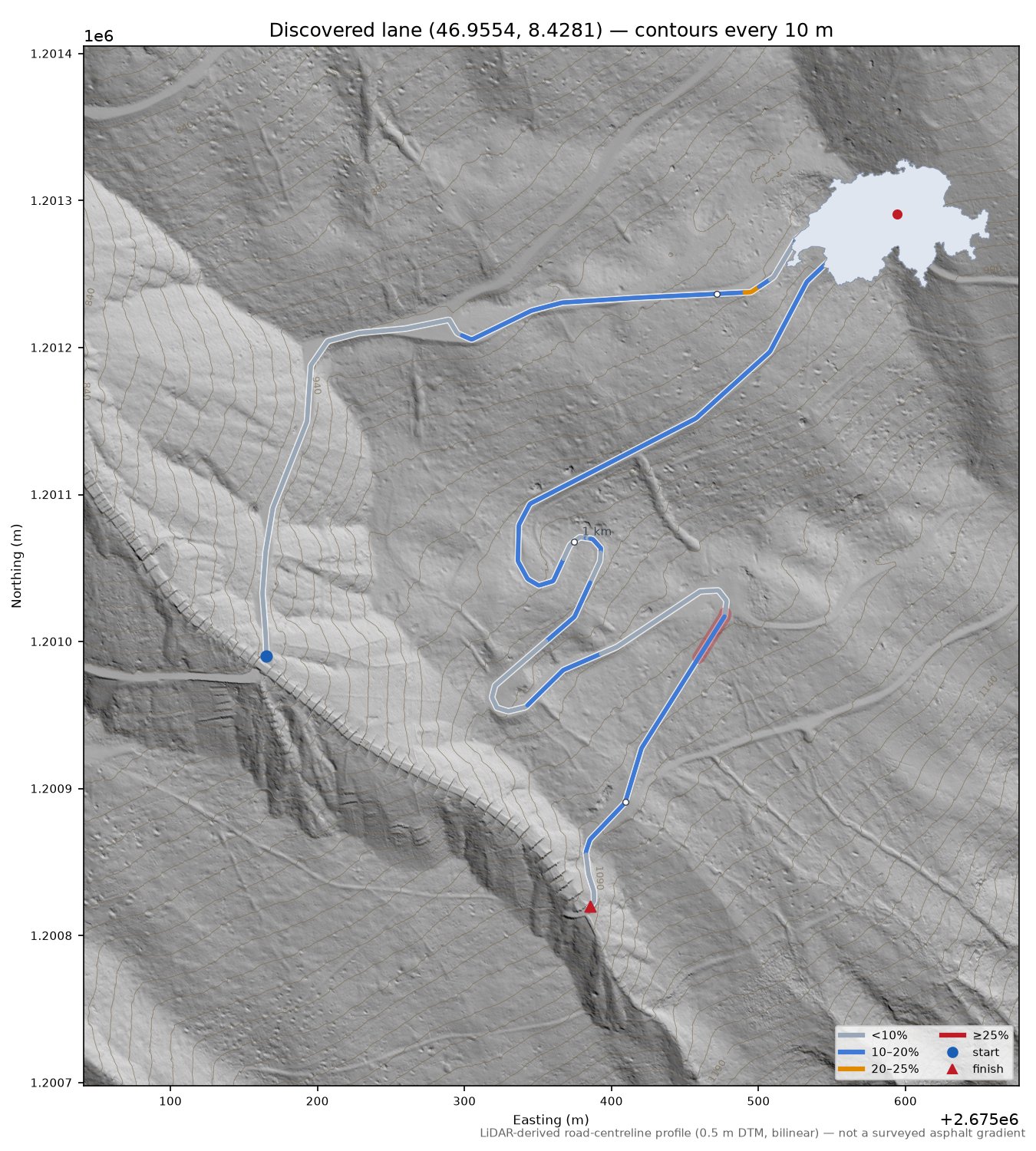 Discovered lane (46.9554, 8.4281) LiDAR hillshade map with contours