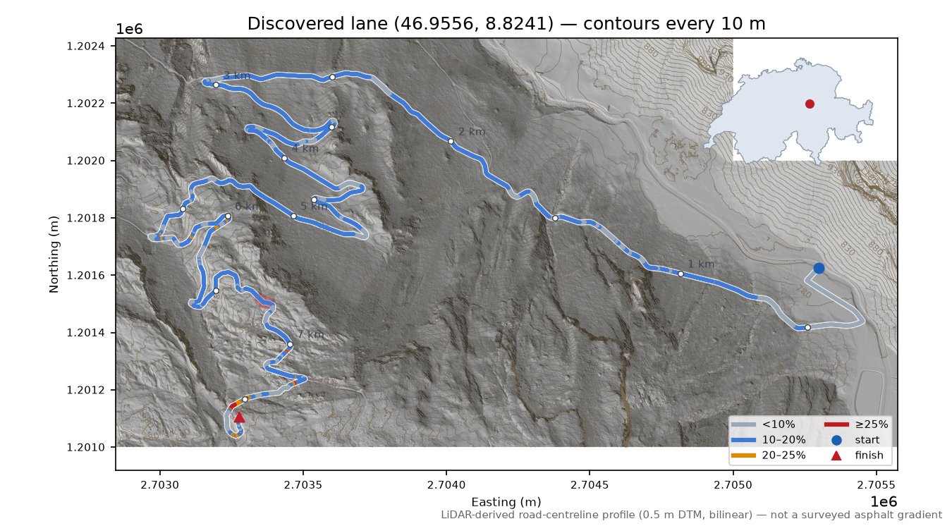 Discovered lane (46.9556, 8.8241) LiDAR hillshade map with contours