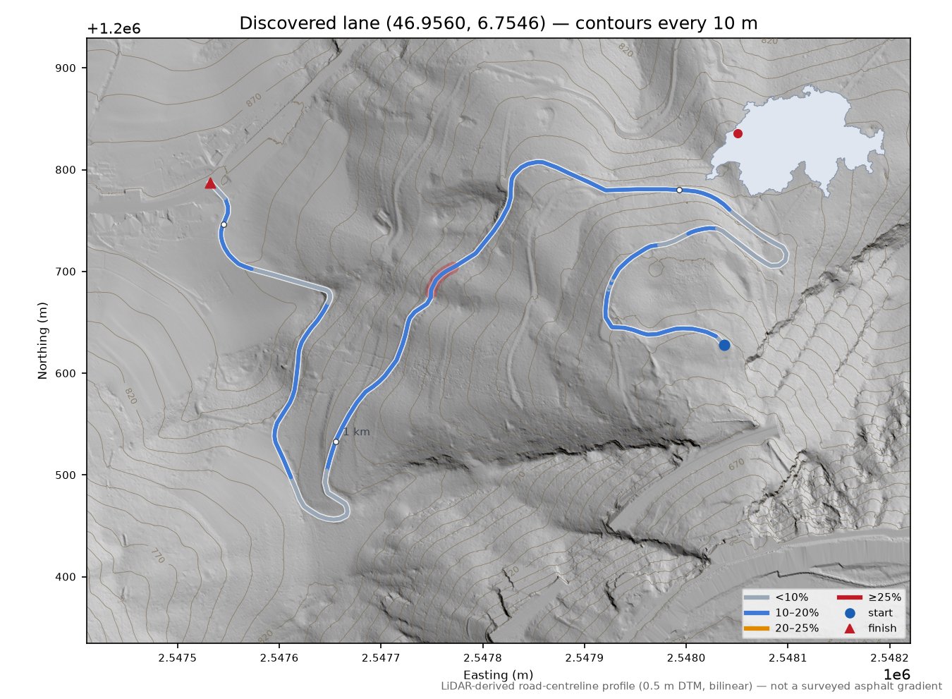 Discovered lane (46.9560, 6.7546) LiDAR hillshade map with contours