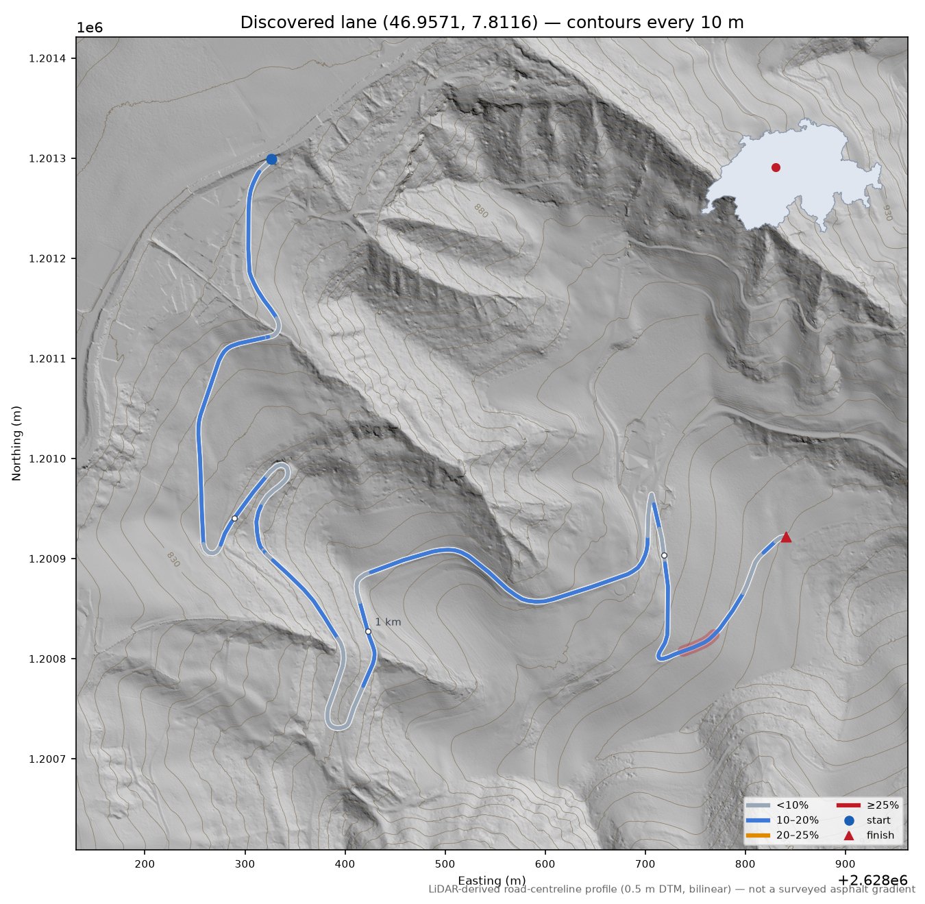 Discovered lane (46.9571, 7.8116) LiDAR hillshade map with contours