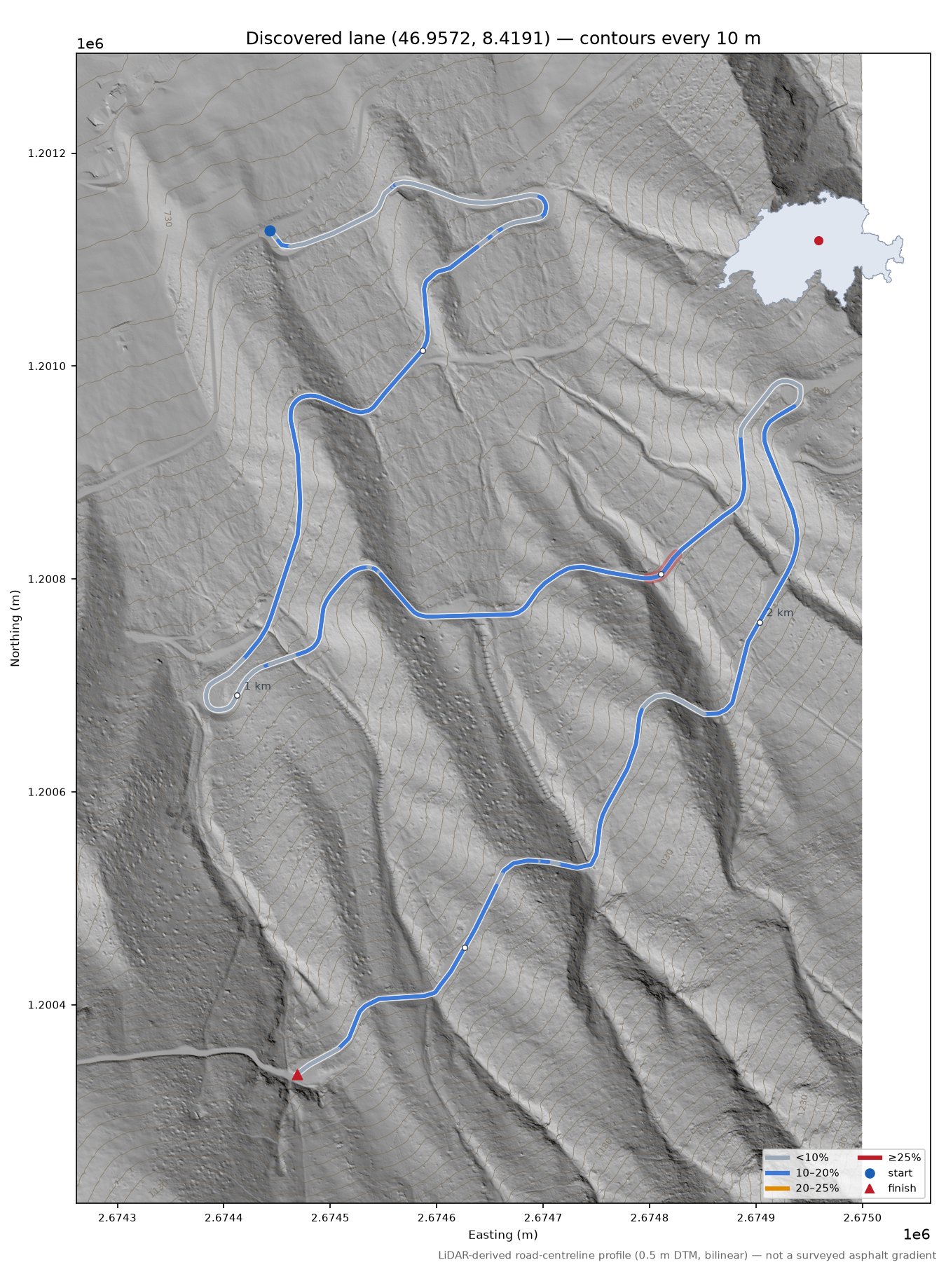 Discovered lane (46.9572, 8.4191) LiDAR hillshade map with contours