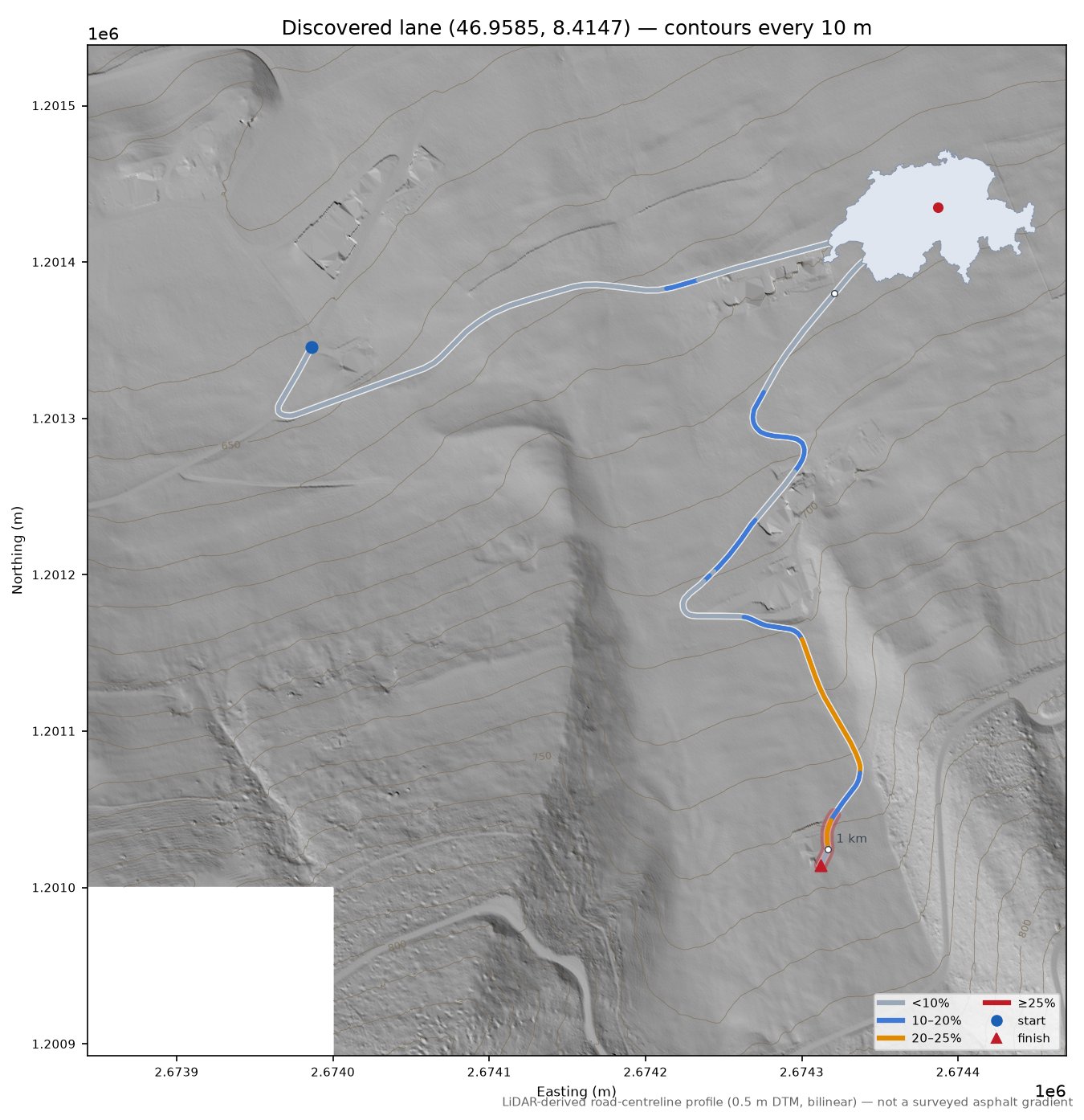 Discovered lane (46.9585, 8.4147) LiDAR hillshade map with contours