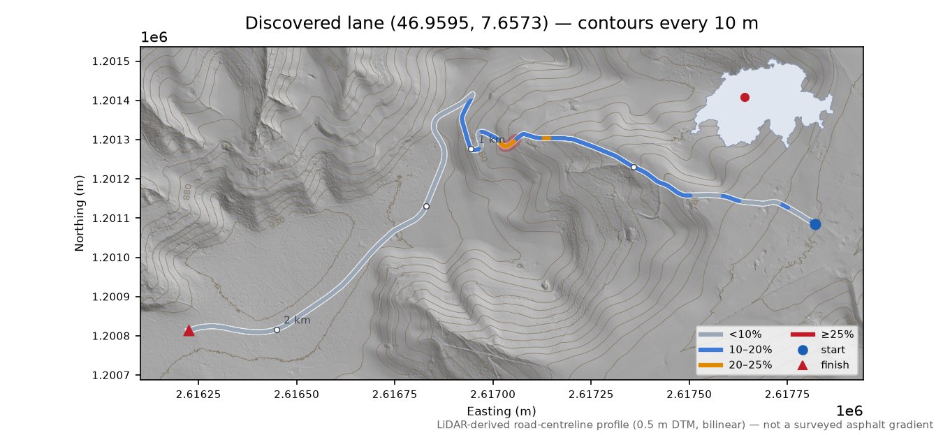 Discovered lane (46.9595, 7.6573) LiDAR hillshade map with contours