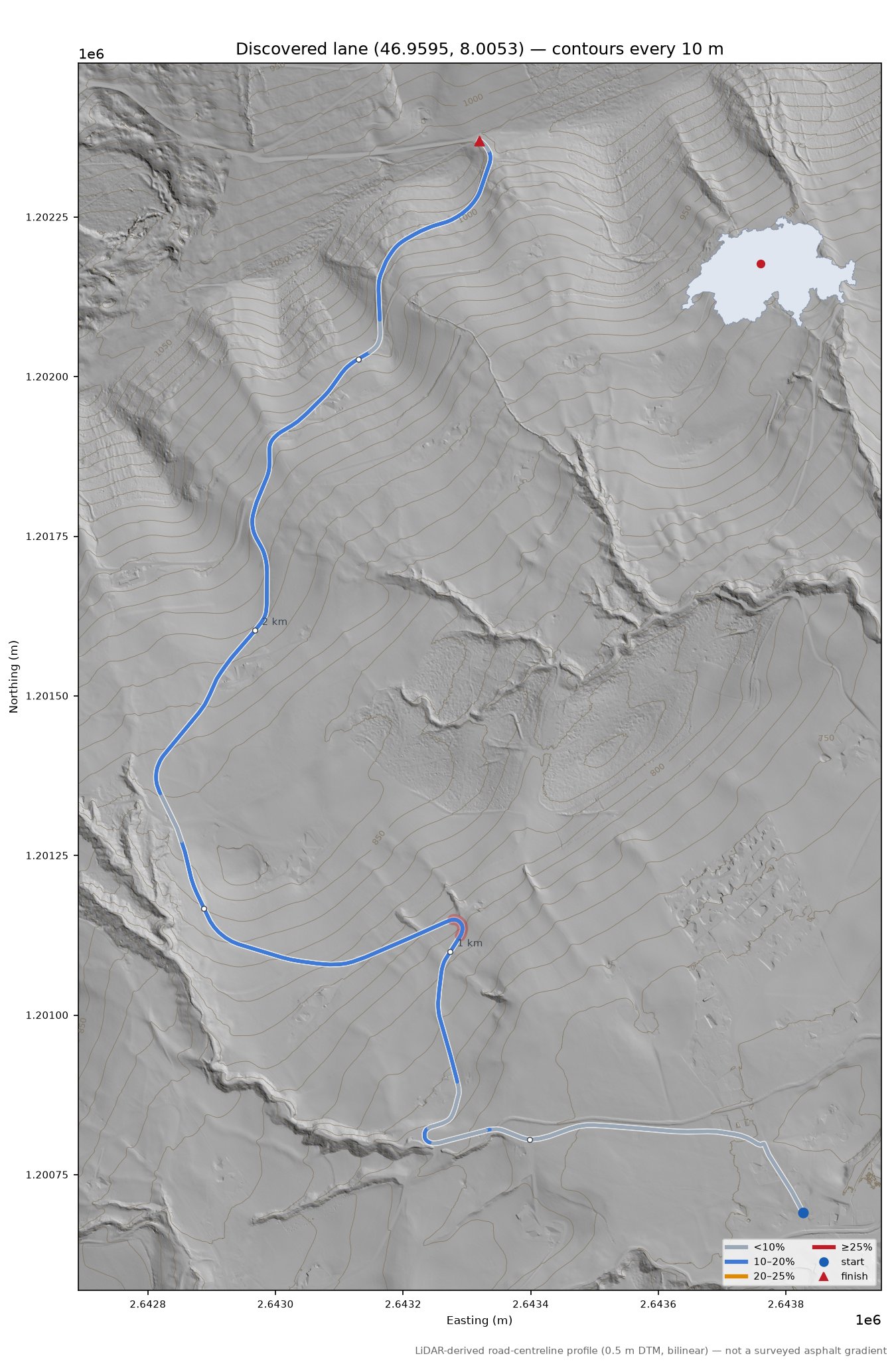 Discovered lane (46.9595, 8.0053) LiDAR hillshade map with contours