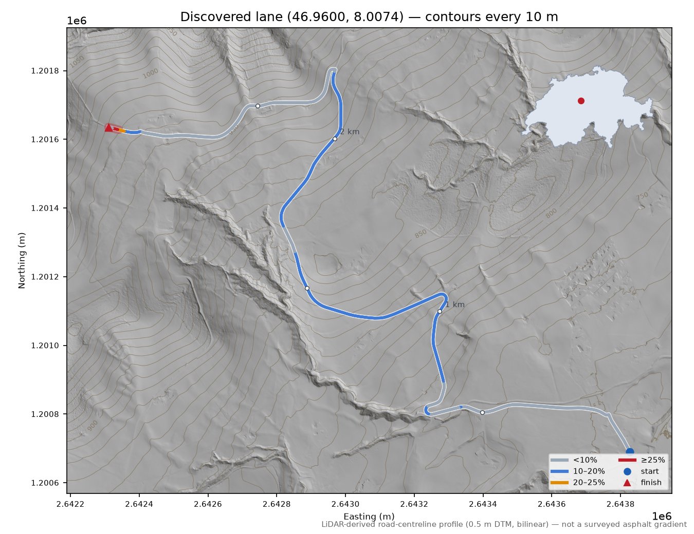 Discovered lane (46.9600, 8.0074) LiDAR hillshade map with contours