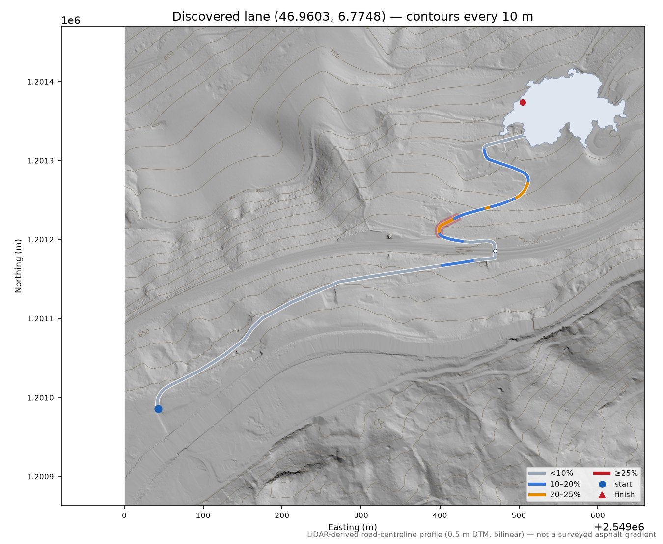 Discovered lane (46.9603, 6.7748) LiDAR hillshade map with contours
