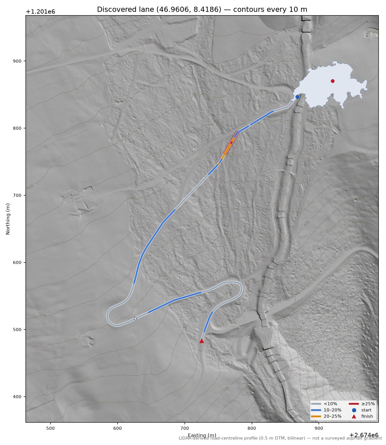 Discovered lane (46.9606, 8.4186) LiDAR hillshade map with contours