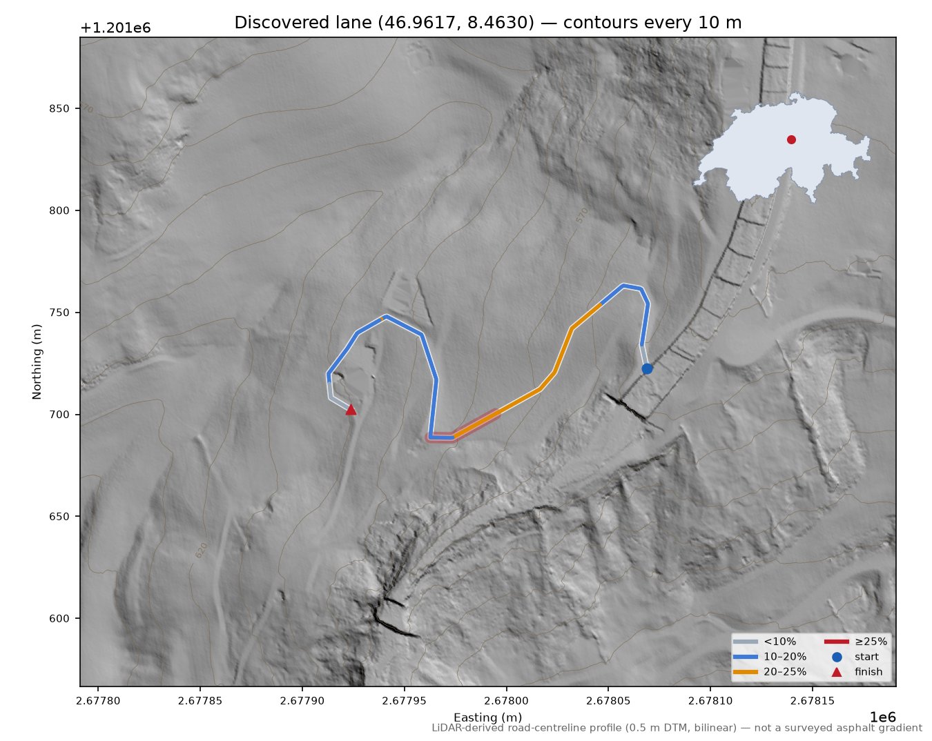 Discovered lane (46.9617, 8.4630) LiDAR hillshade map with contours