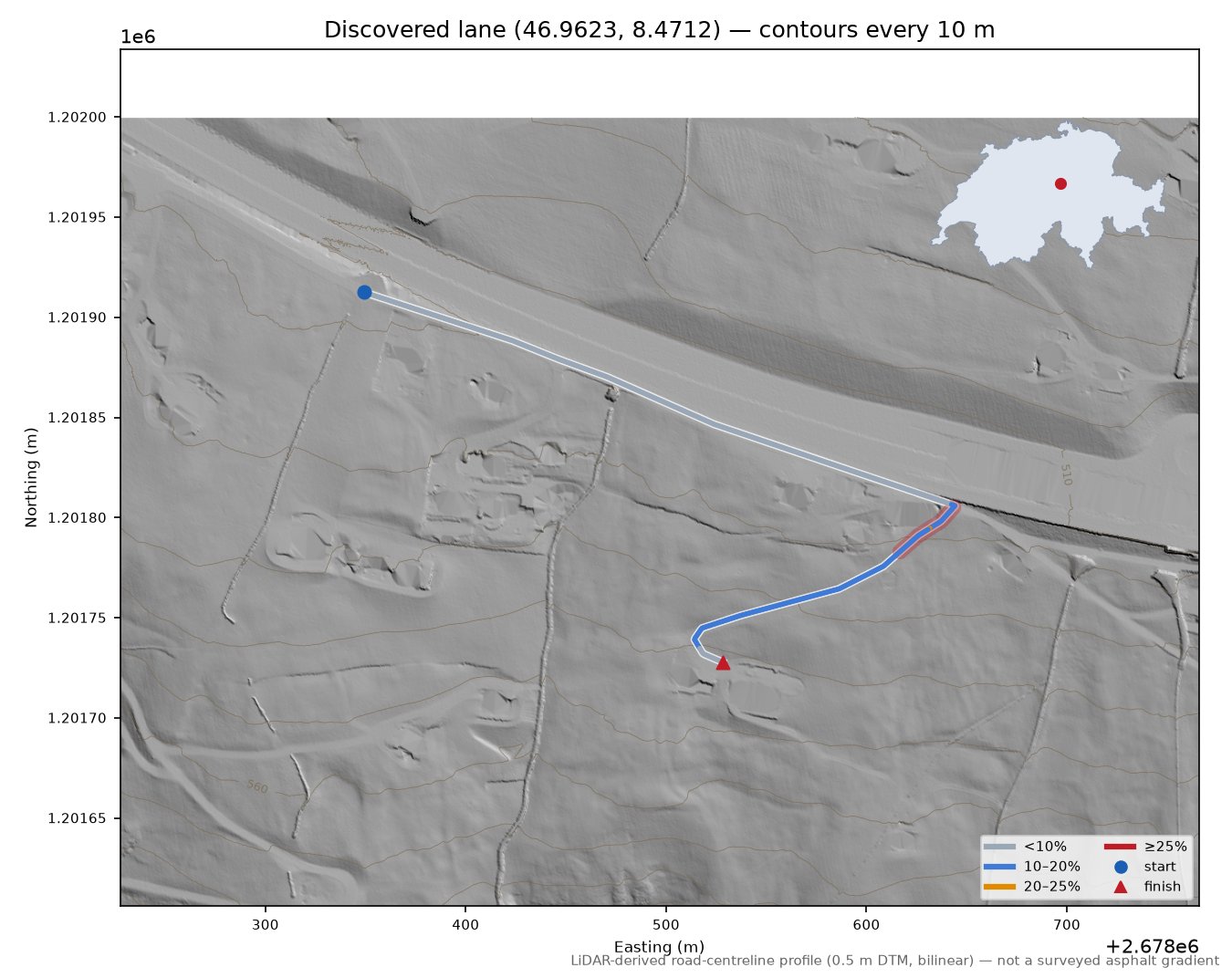 Discovered lane (46.9623, 8.4712) LiDAR hillshade map with contours