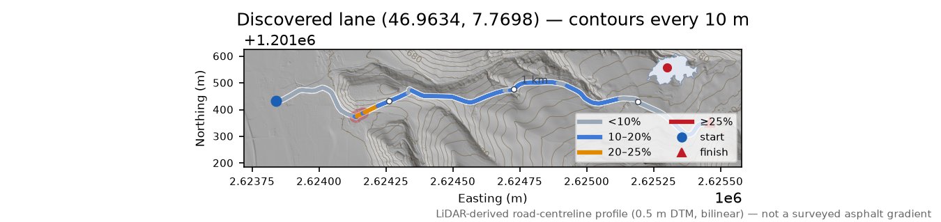 Discovered lane (46.9634, 7.7698) LiDAR hillshade map with contours