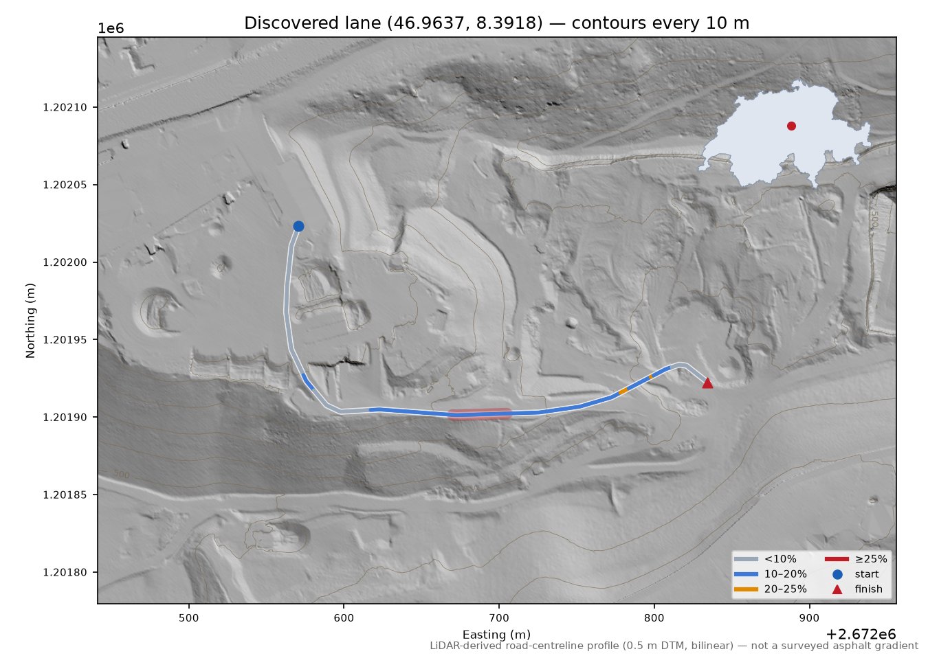 Discovered lane (46.9637, 8.3918) LiDAR hillshade map with contours