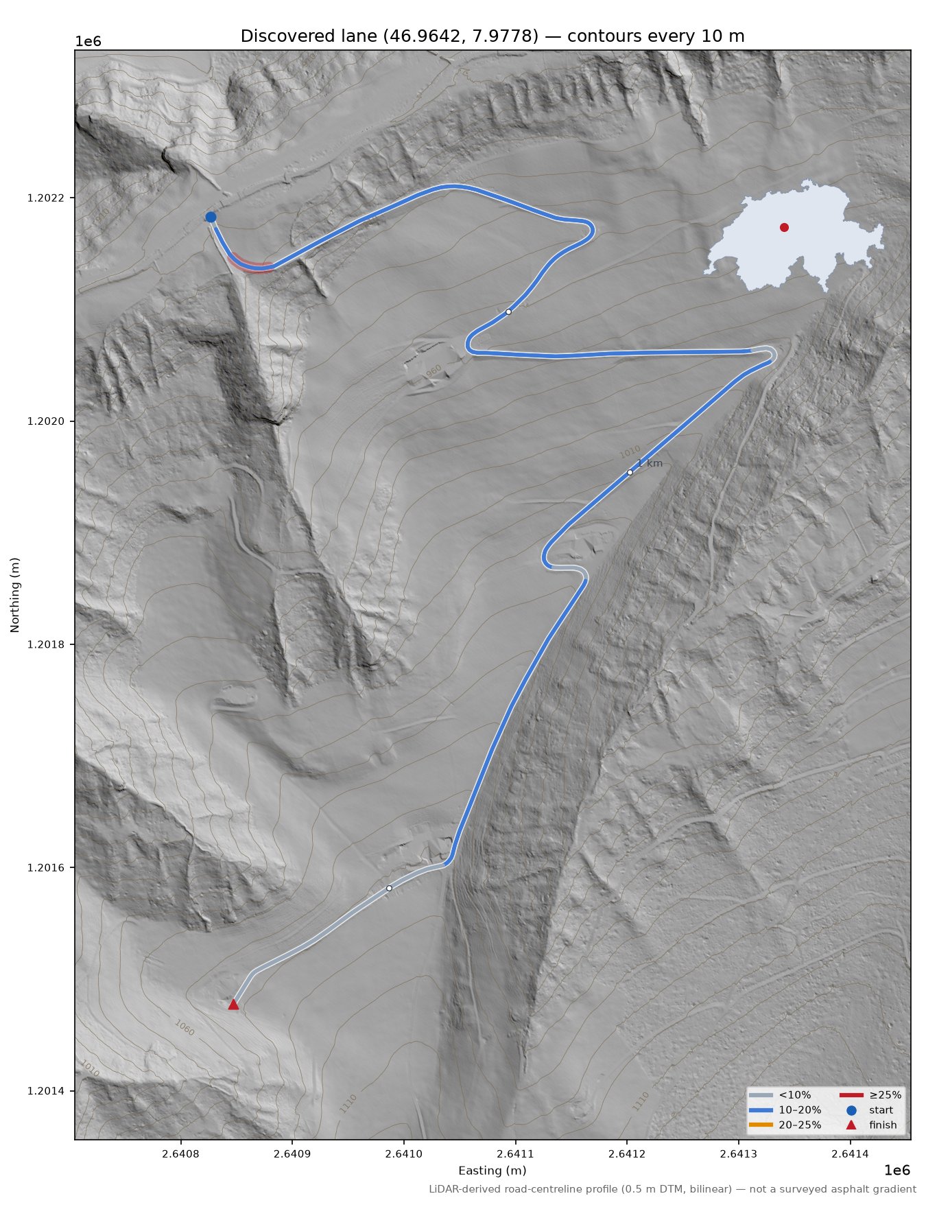 Discovered lane (46.9642, 7.9778) LiDAR hillshade map with contours