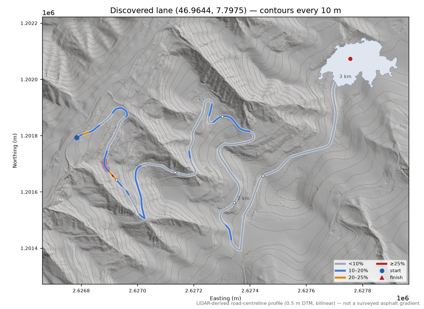 Discovered lane (46.9644, 7.7975) LiDAR hillshade map with contours