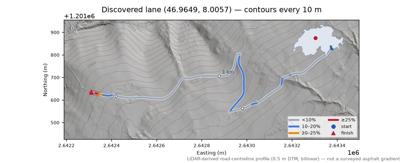 Discovered lane (46.9649, 8.0057) LiDAR hillshade map with contours