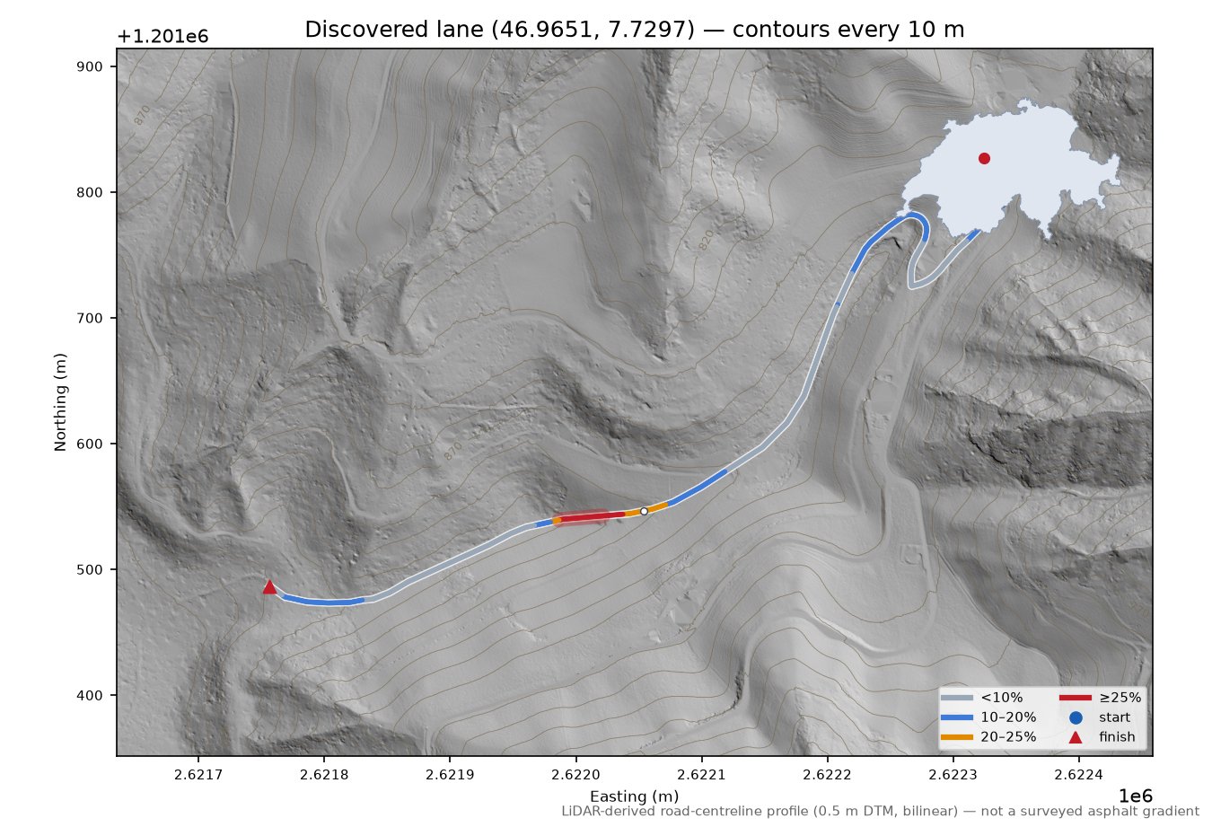 Discovered lane (46.9651, 7.7297) LiDAR hillshade map with contours