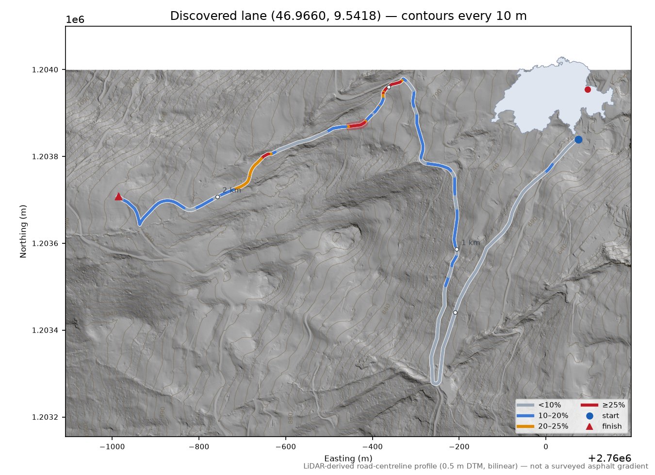 Discovered lane (46.9660, 9.5418) LiDAR hillshade map with contours