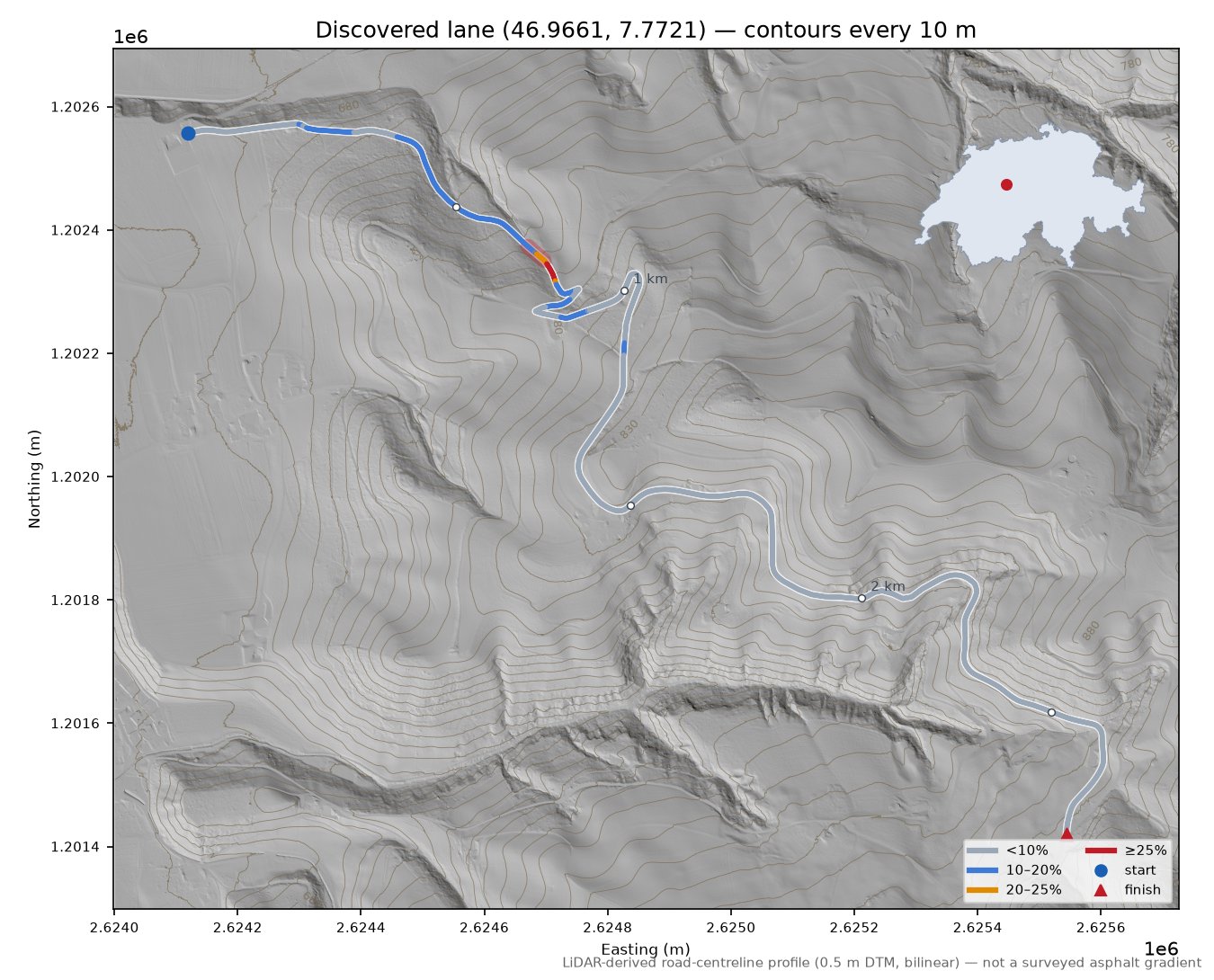 Discovered lane (46.9661, 7.7721) LiDAR hillshade map with contours