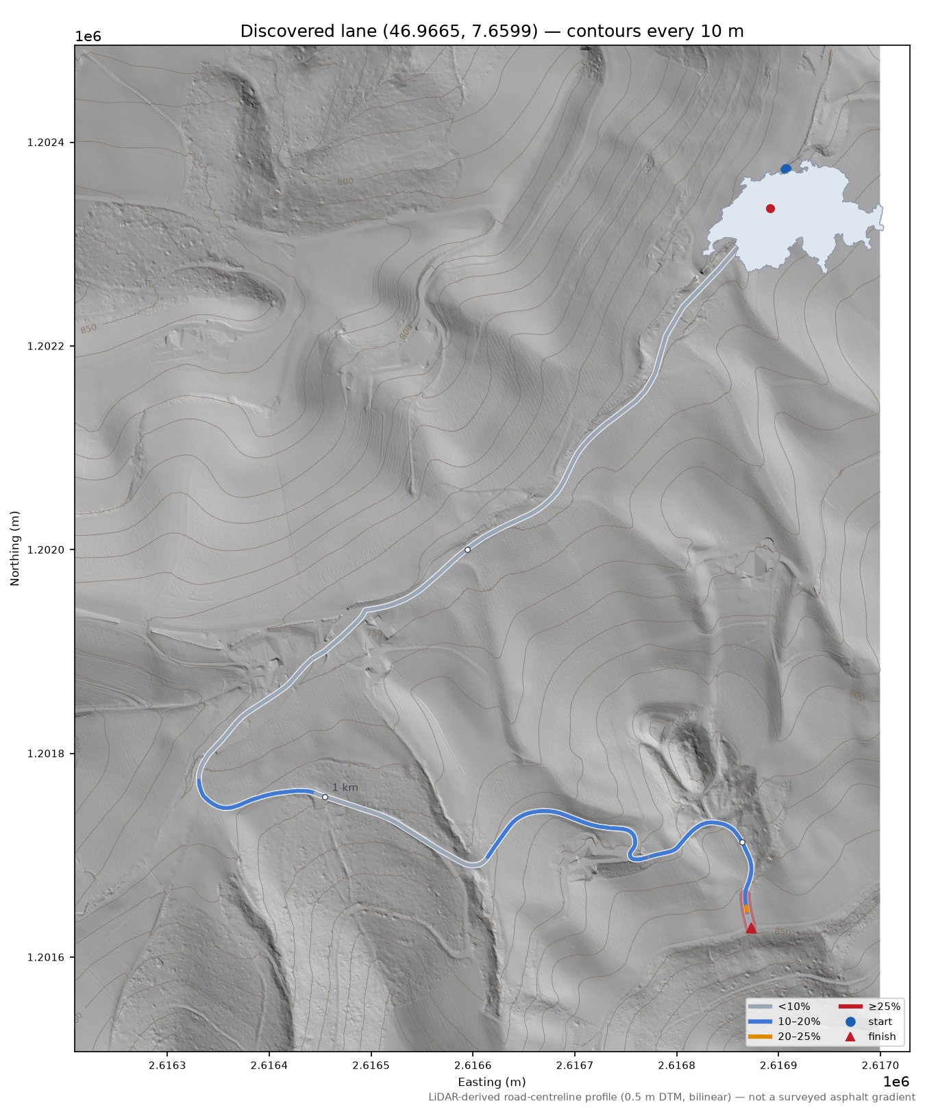 Discovered lane (46.9665, 7.6599) LiDAR hillshade map with contours
