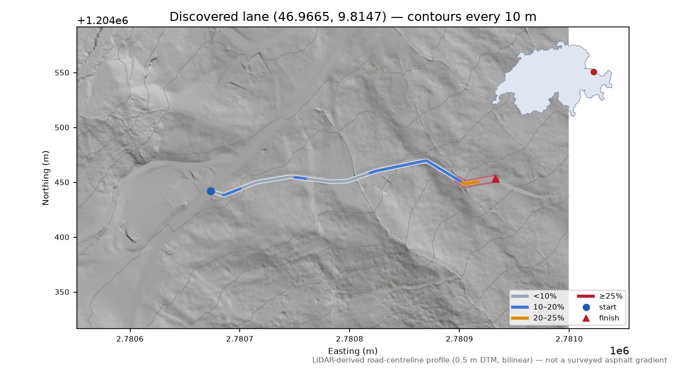 Discovered lane (46.9665, 9.8147) LiDAR hillshade map with contours