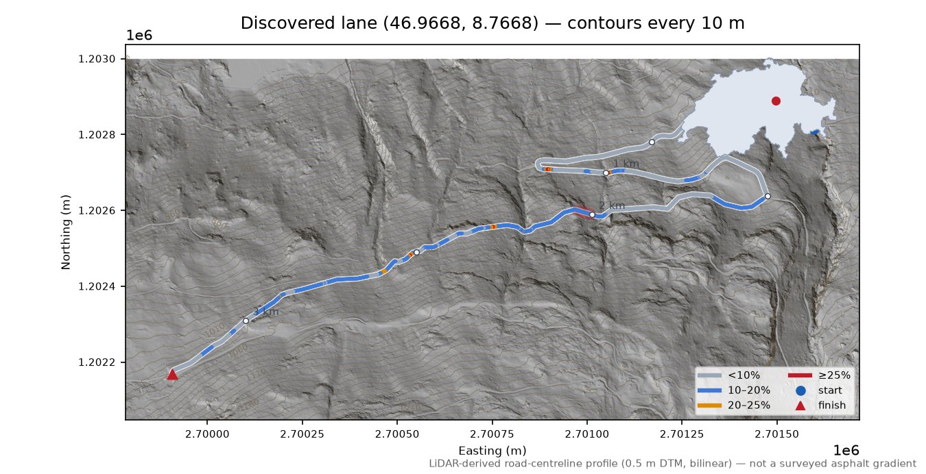 Discovered lane (46.9668, 8.7668) LiDAR hillshade map with contours