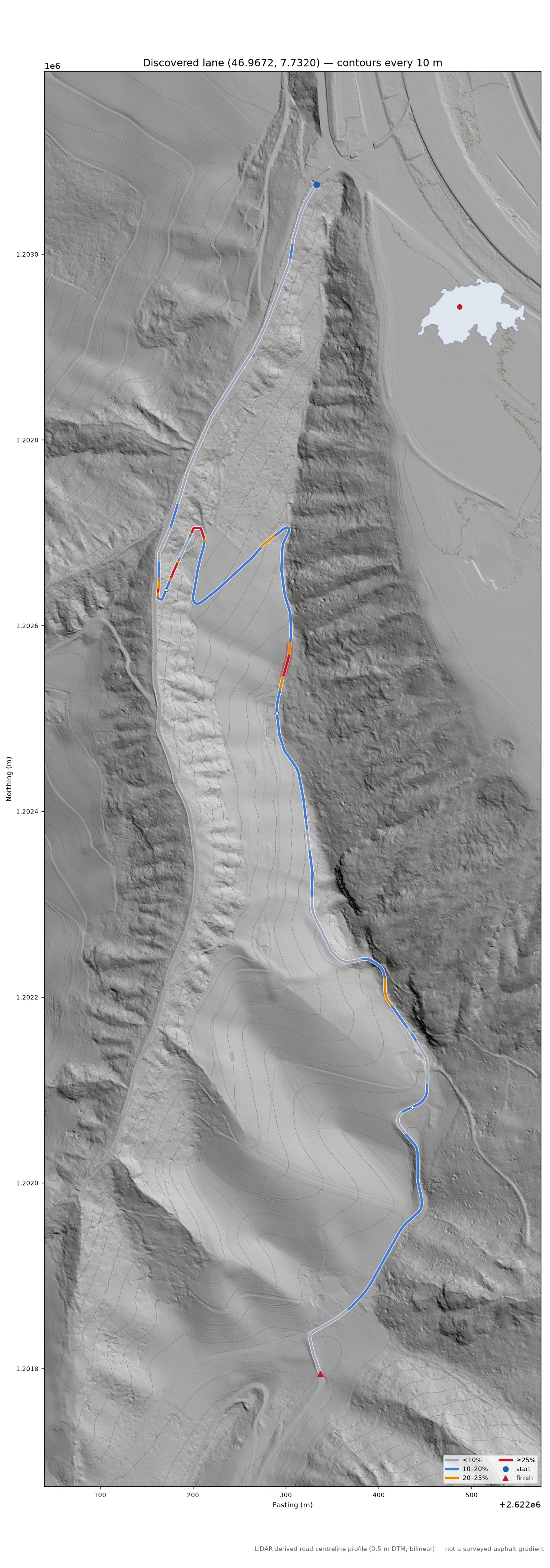Discovered lane (46.9672, 7.7320) LiDAR hillshade map with contours