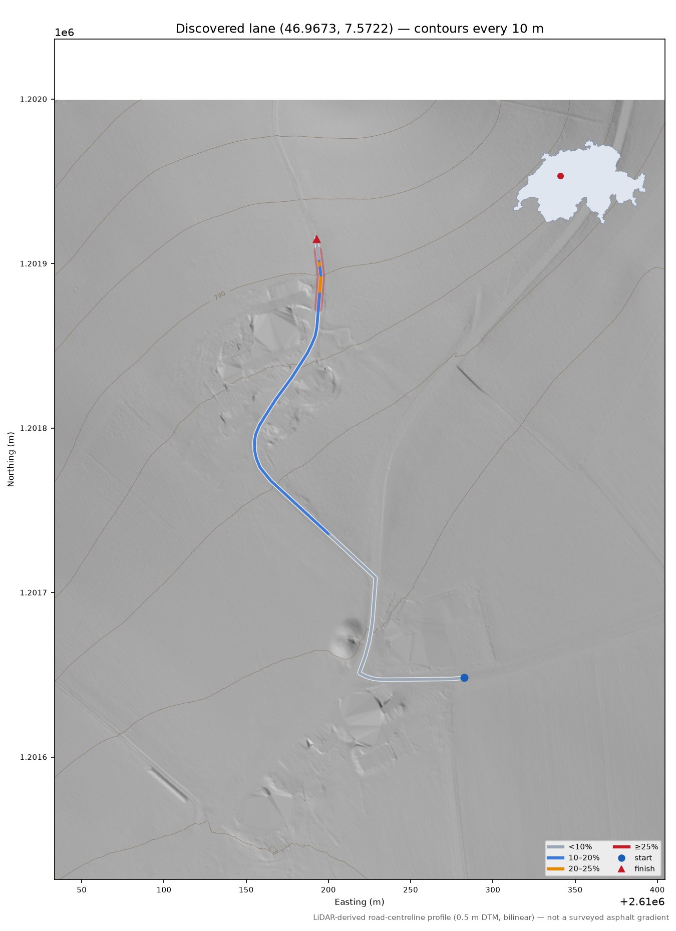 Discovered lane (46.9673, 7.5722) LiDAR hillshade map with contours