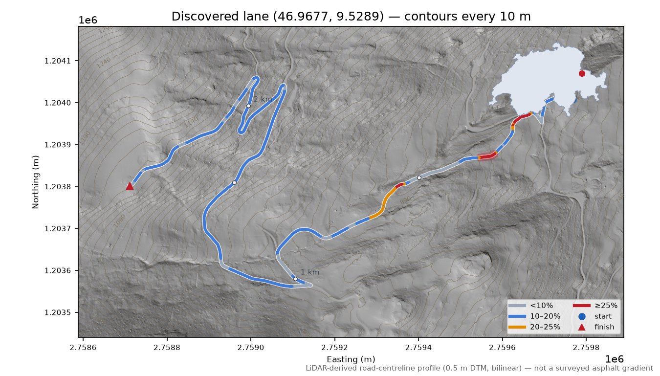 Discovered lane (46.9677, 9.5289) LiDAR hillshade map with contours