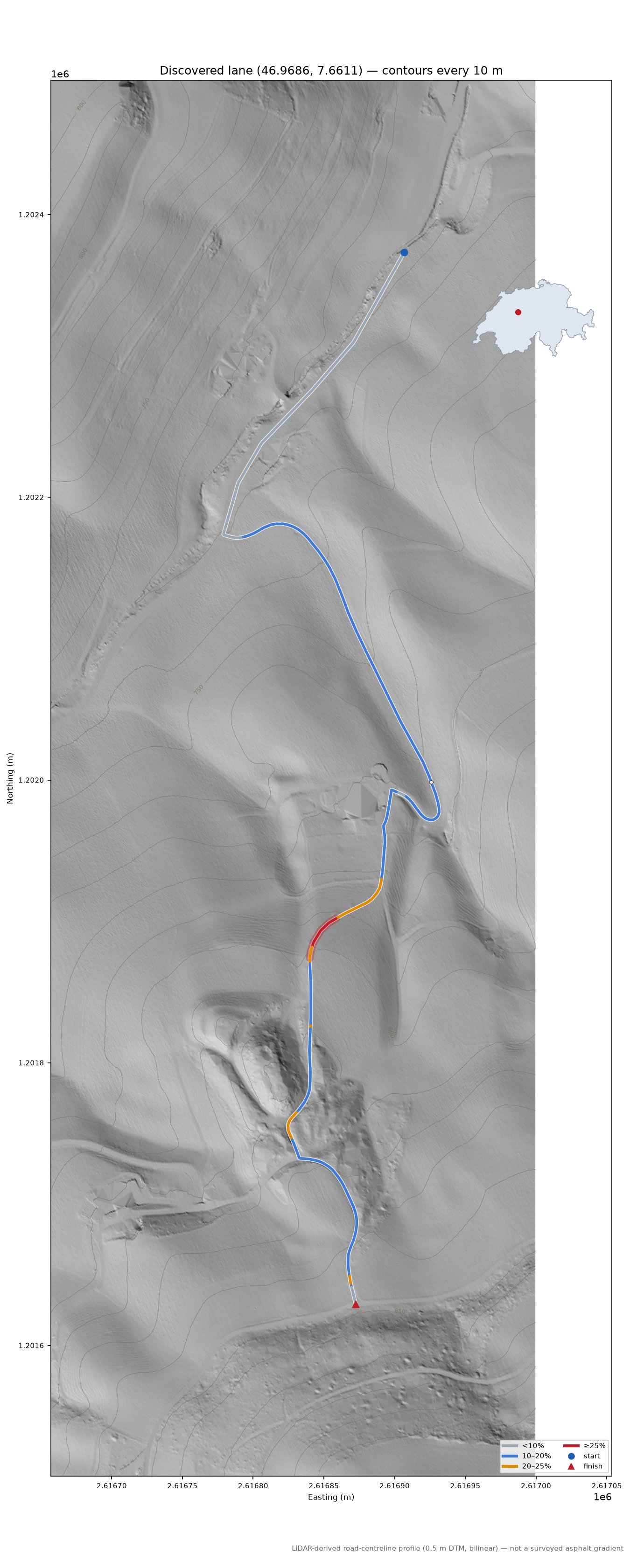Discovered lane (46.9686, 7.6611) LiDAR hillshade map with contours