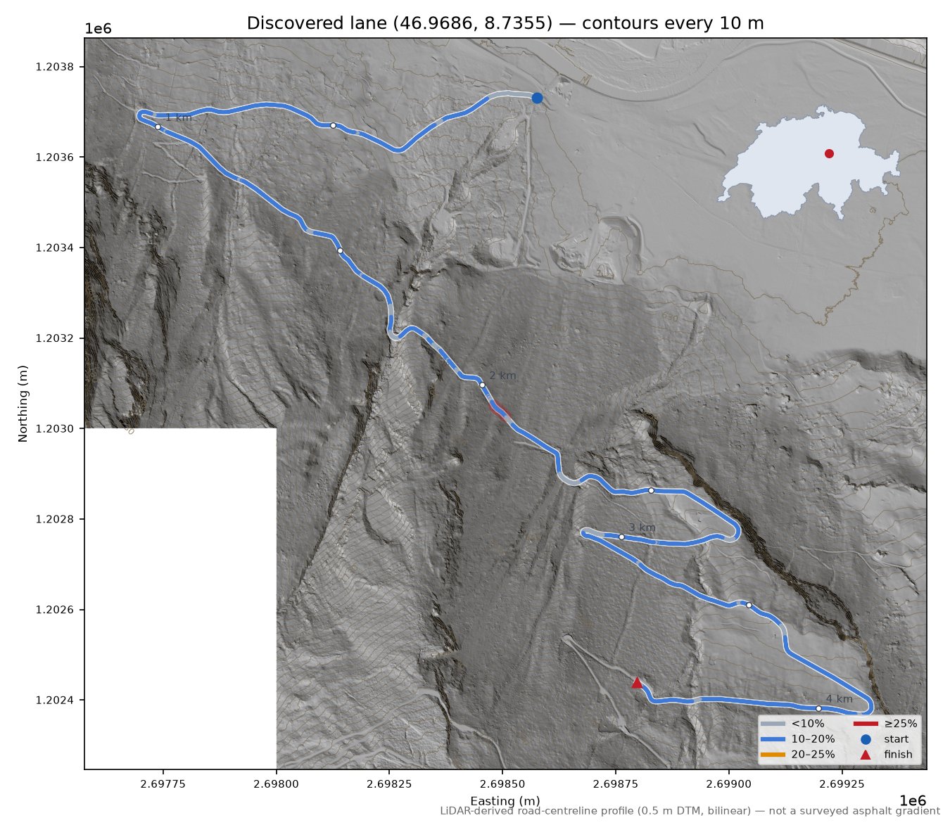 Discovered lane (46.9686, 8.7355) LiDAR hillshade map with contours