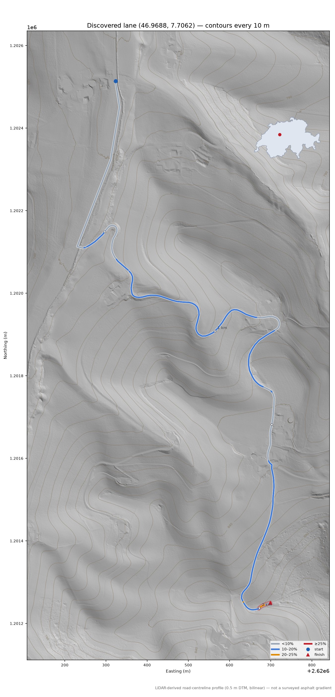 Discovered lane (46.9688, 7.7062) LiDAR hillshade map with contours