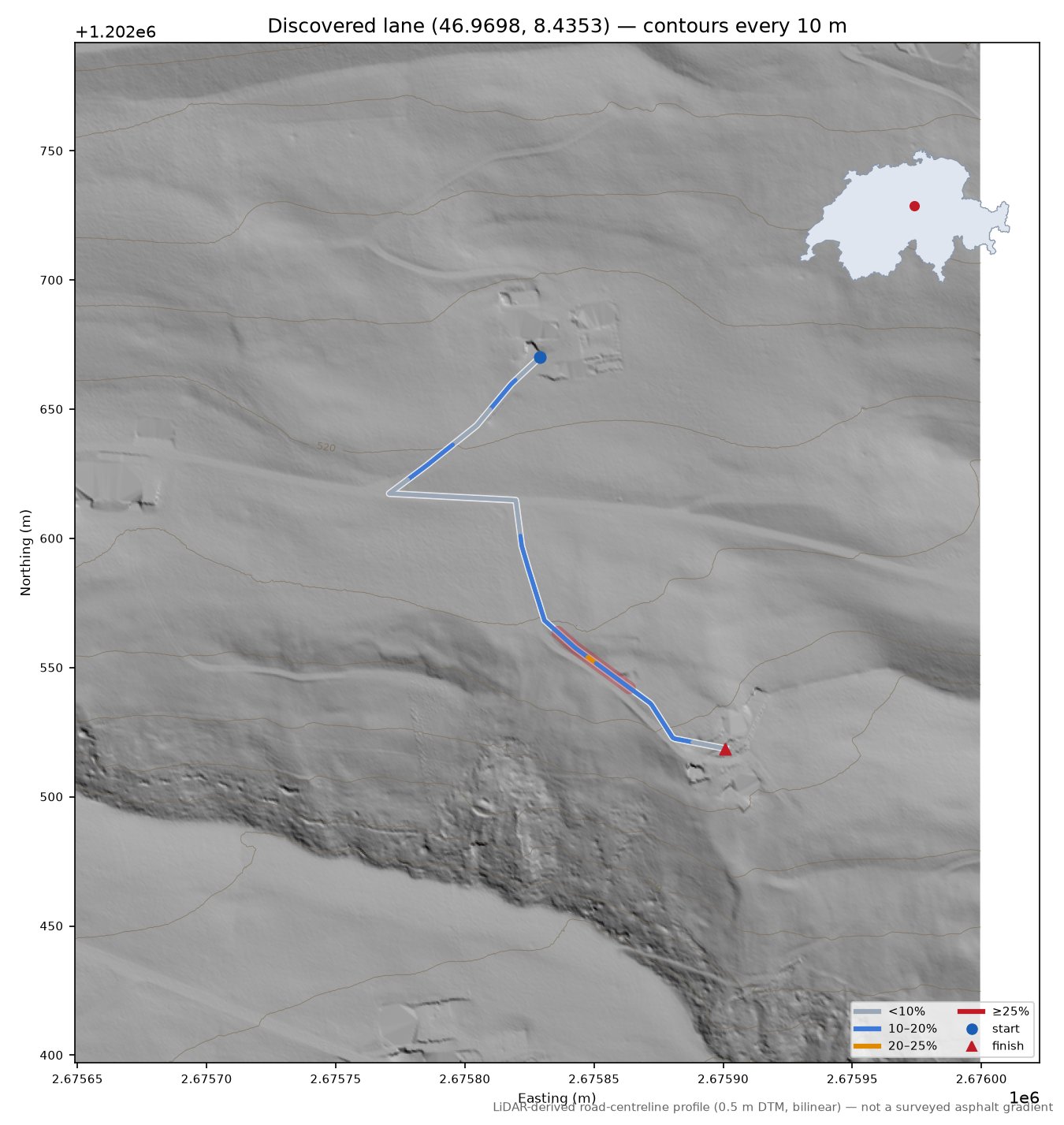 Discovered lane (46.9698, 8.4353) LiDAR hillshade map with contours