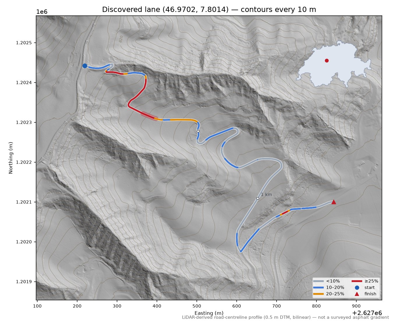 Discovered lane (46.9702, 7.8014) LiDAR hillshade map with contours