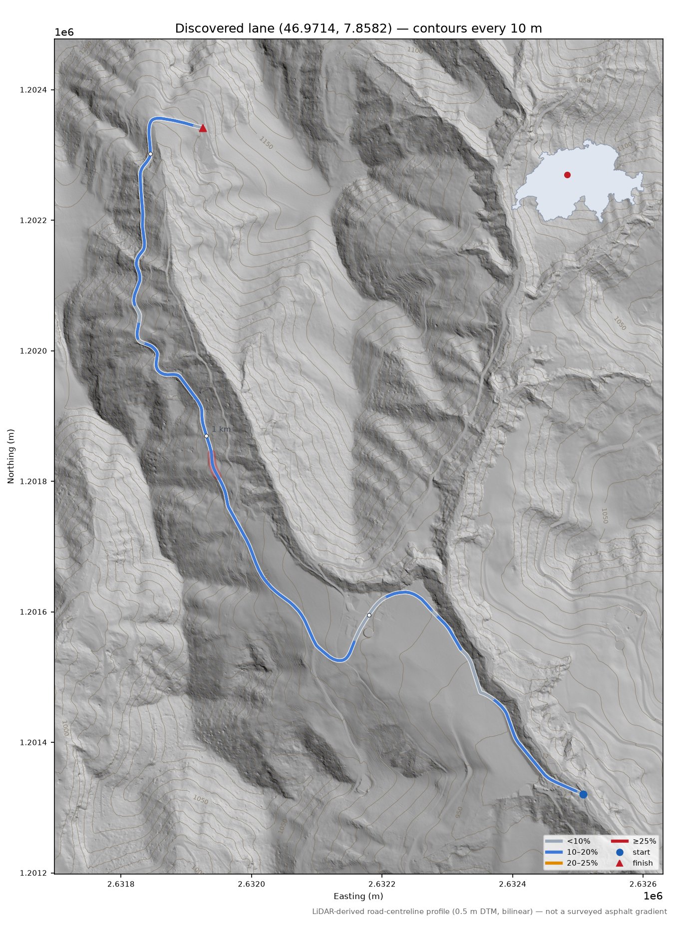 Discovered lane (46.9714, 7.8582) LiDAR hillshade map with contours