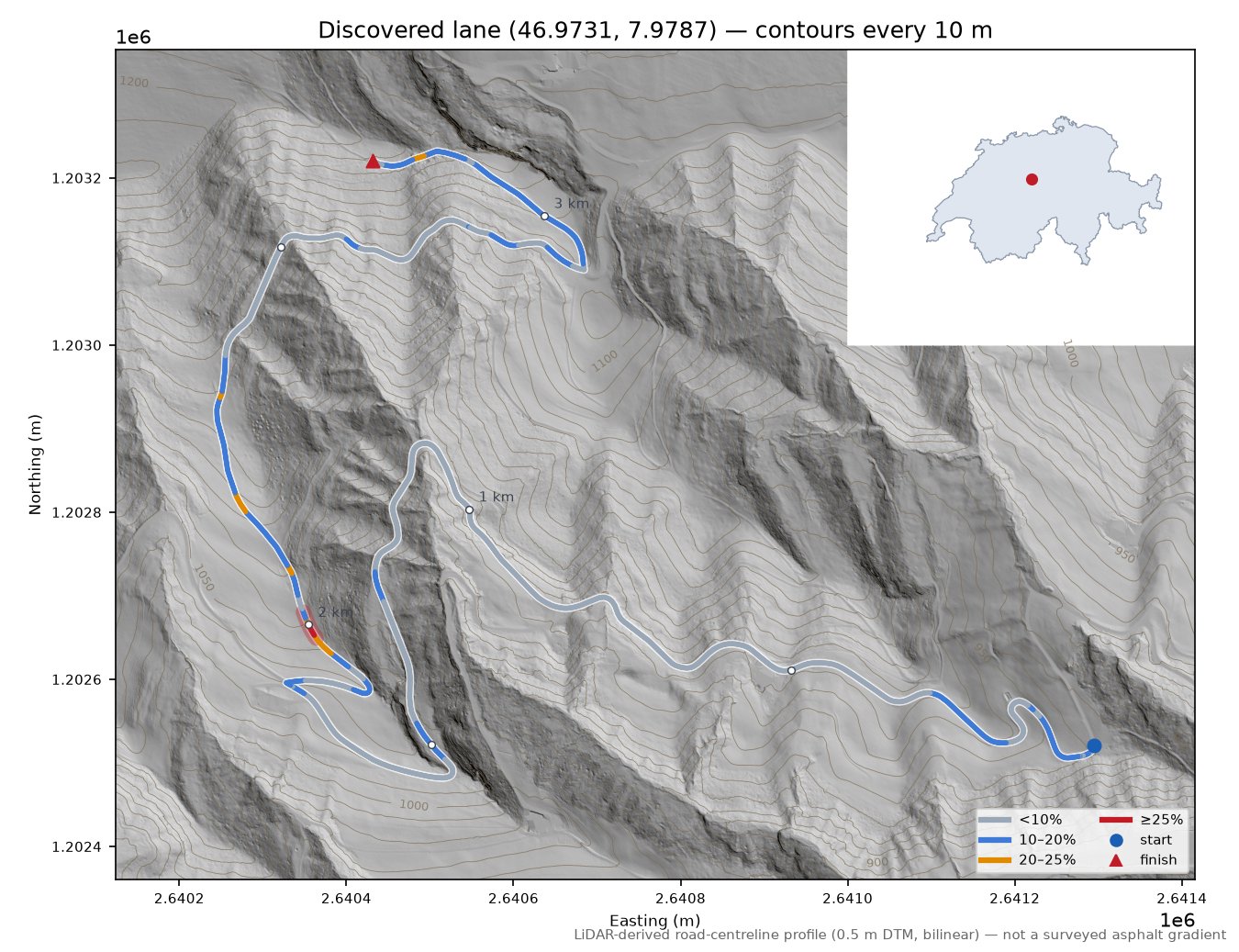 Discovered lane (46.9731, 7.9787) LiDAR hillshade map with contours
