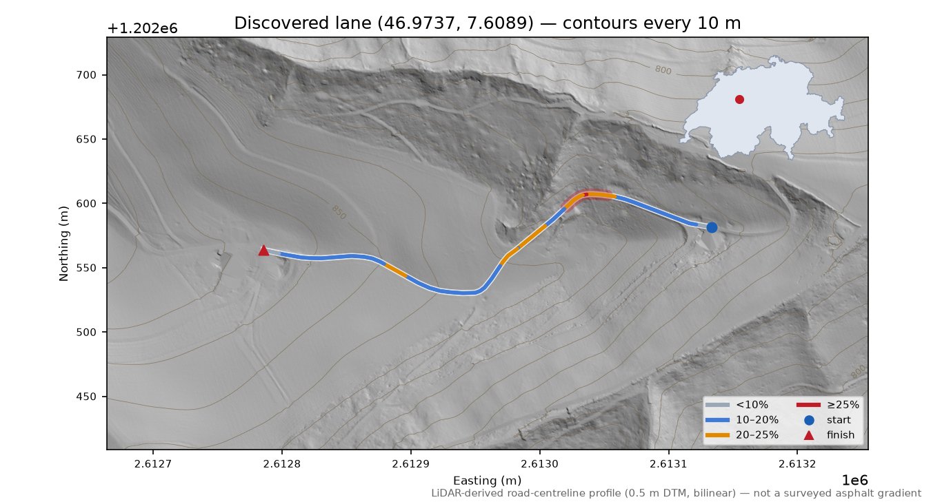 Discovered lane (46.9737, 7.6089) LiDAR hillshade map with contours