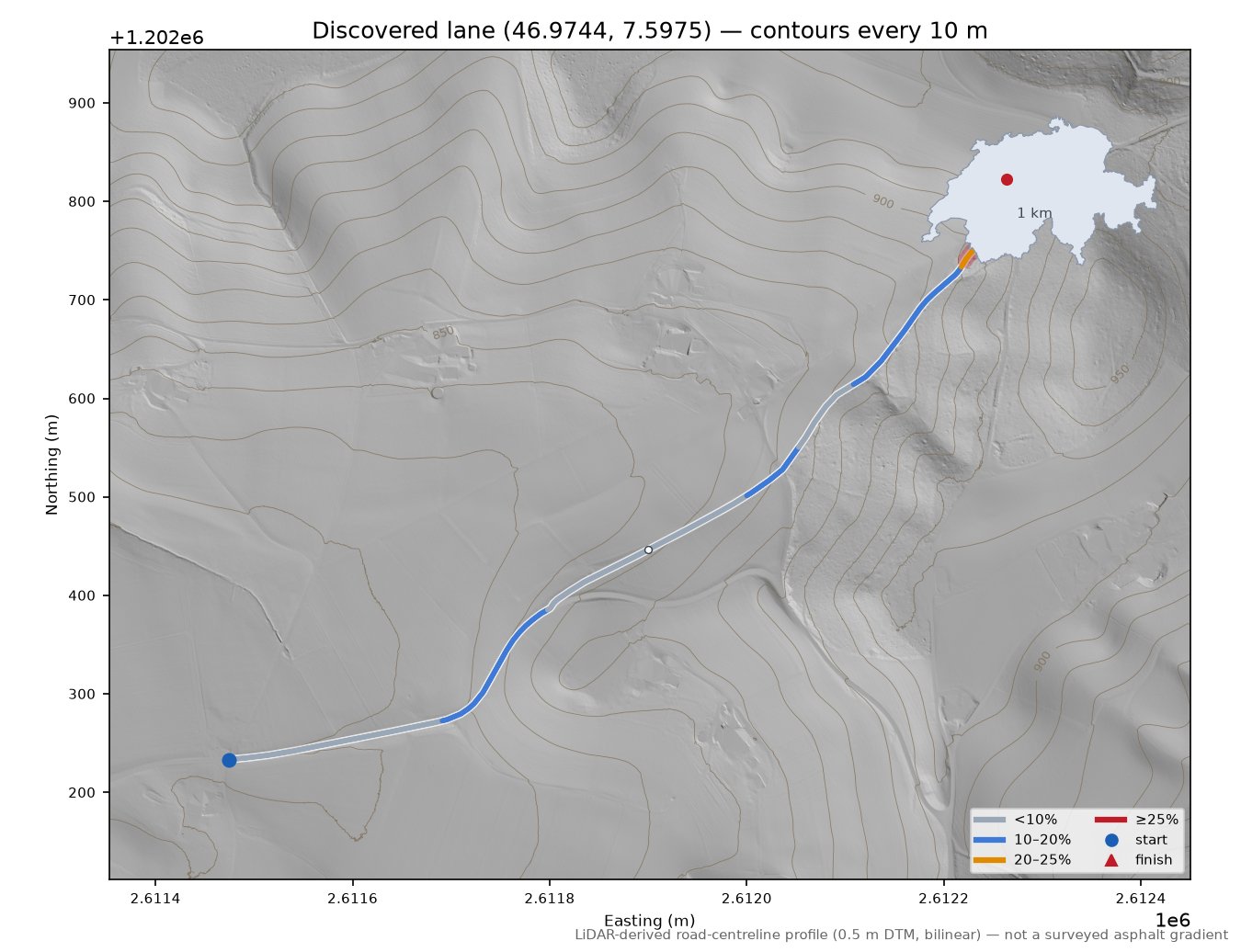 Discovered lane (46.9744, 7.5975) LiDAR hillshade map with contours
