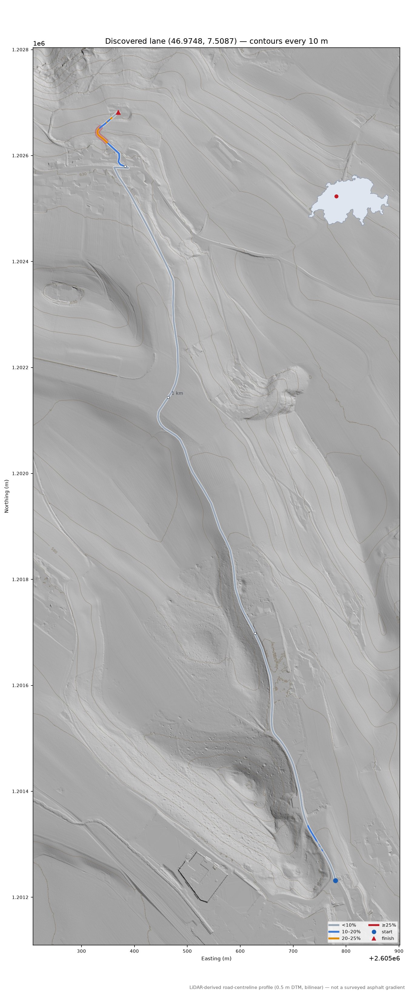 Discovered lane (46.9748, 7.5087) LiDAR hillshade map with contours