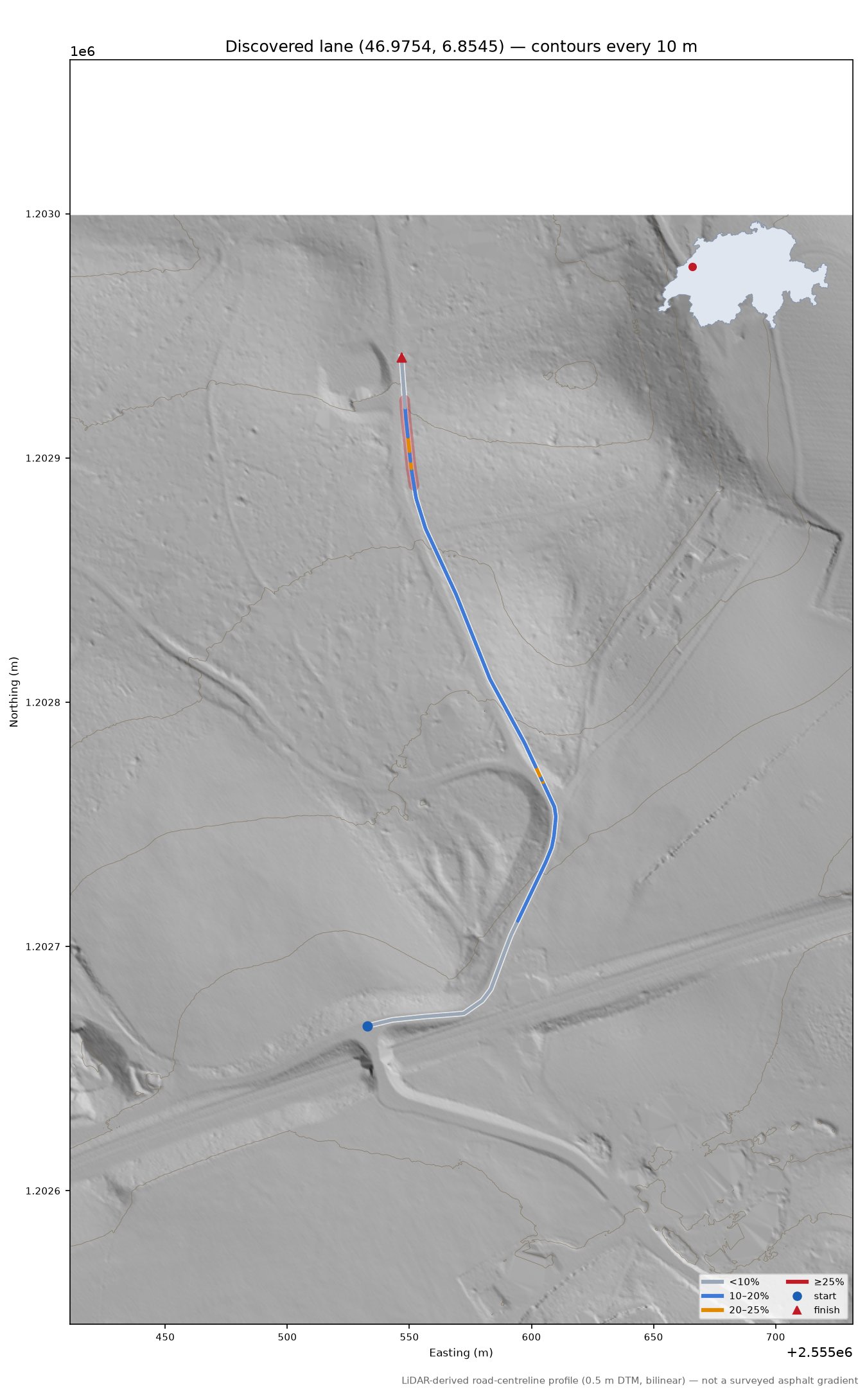 Discovered lane (46.9754, 6.8545) LiDAR hillshade map with contours