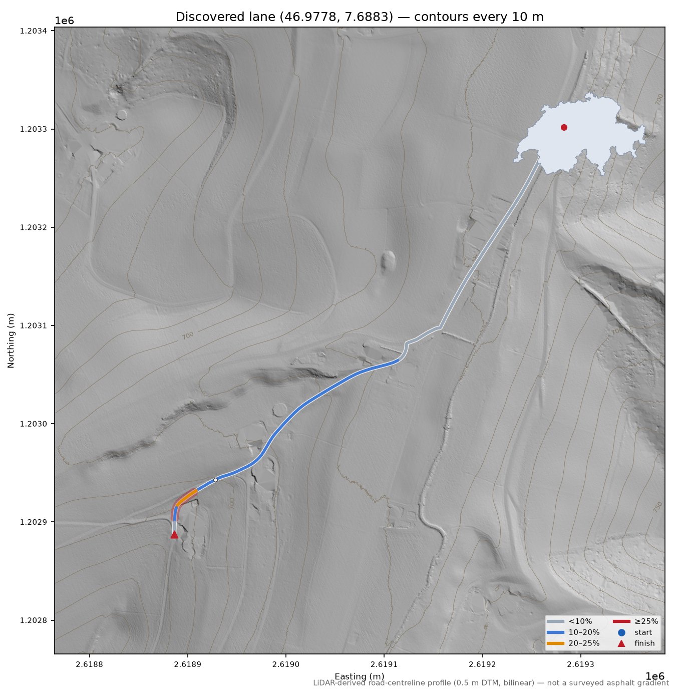 Discovered lane (46.9778, 7.6883) LiDAR hillshade map with contours