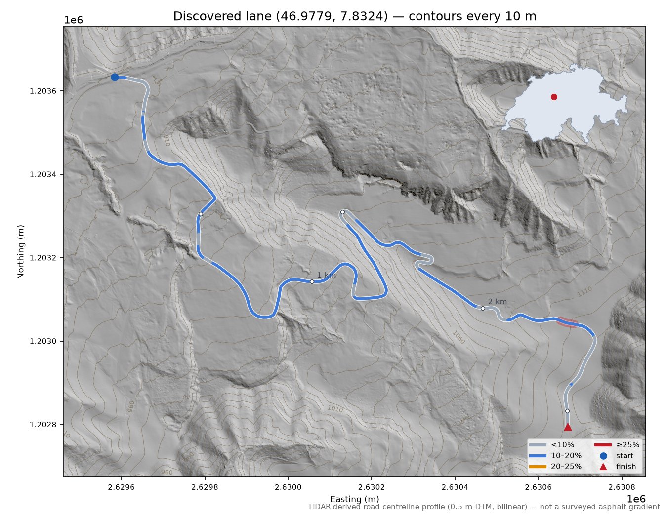 Discovered lane (46.9779, 7.8324) LiDAR hillshade map with contours