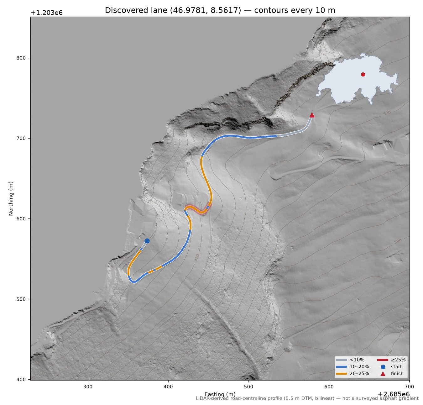 Discovered lane (46.9781, 8.5617) LiDAR hillshade map with contours